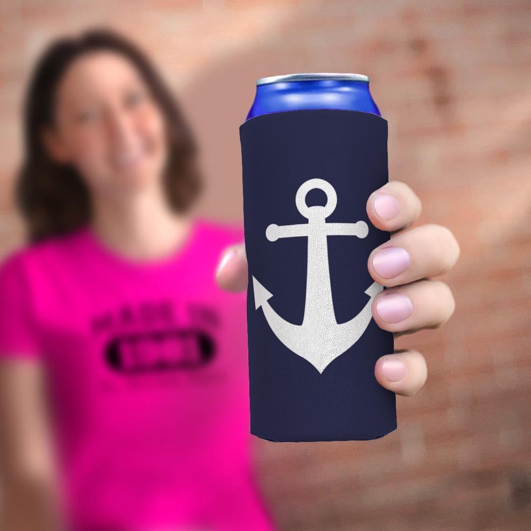 Regalos de capitán de barco para hombre, diseño clásico de ancla náutica azul marino, paquete de 6 fundas ultradelgadas para beber latas