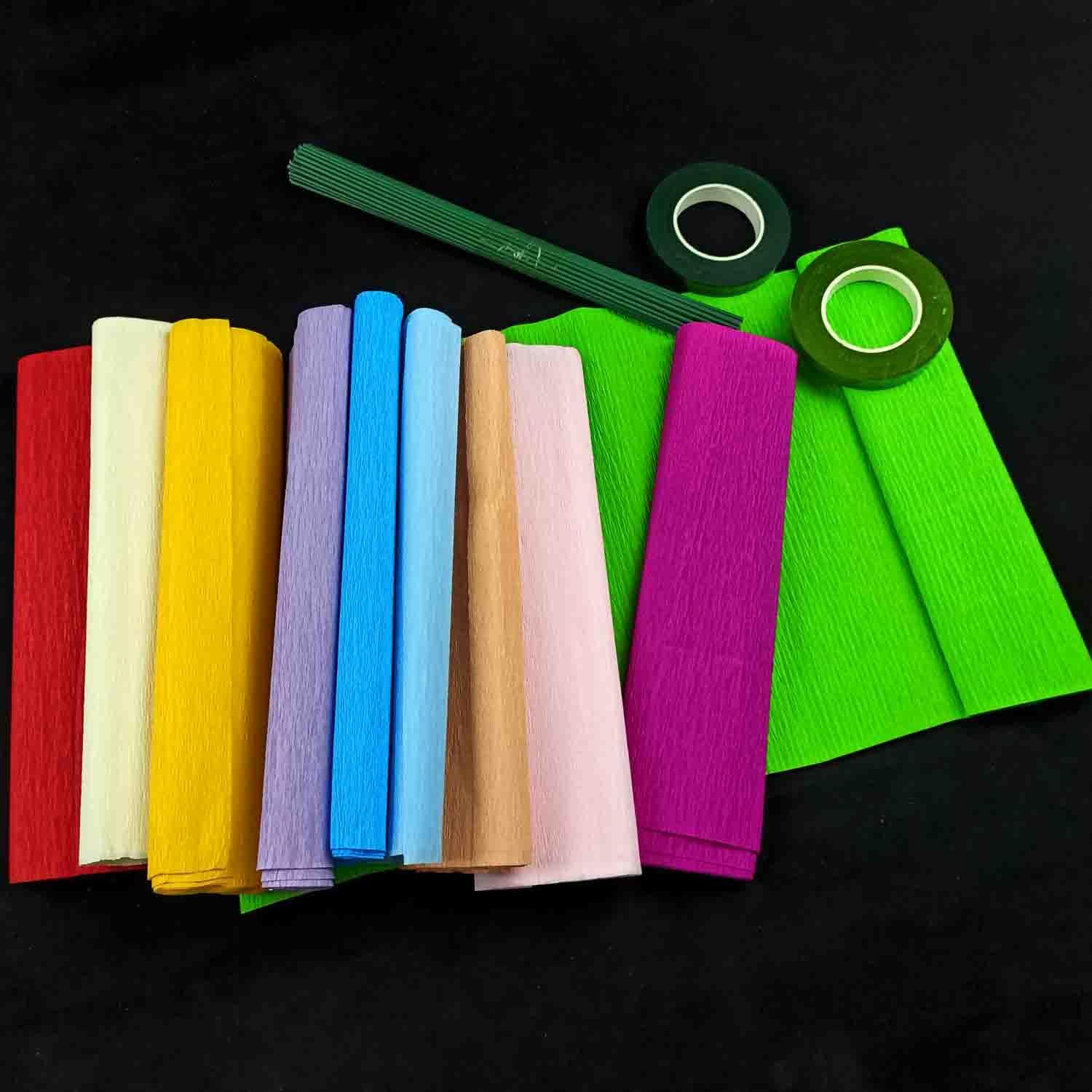 KYMY Papel crepé, rollos de papel crepé, kits de bricolaje de flores con cables de hierro y cinta, serpentina de papel crepé para cumpleaños, bodas,