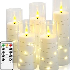 Velas sin llama, funcionan con pilas, 5 velas LED acrílicas parpadeantes con control remoto, con cadena de estrellas incrustada, vela de pilar sin Velas sin llama, funcionan con pilas, 5 velas LED acrílicas parpadeantes con control remoto, con cadena de estrellas incrustada, vela de pilar sin