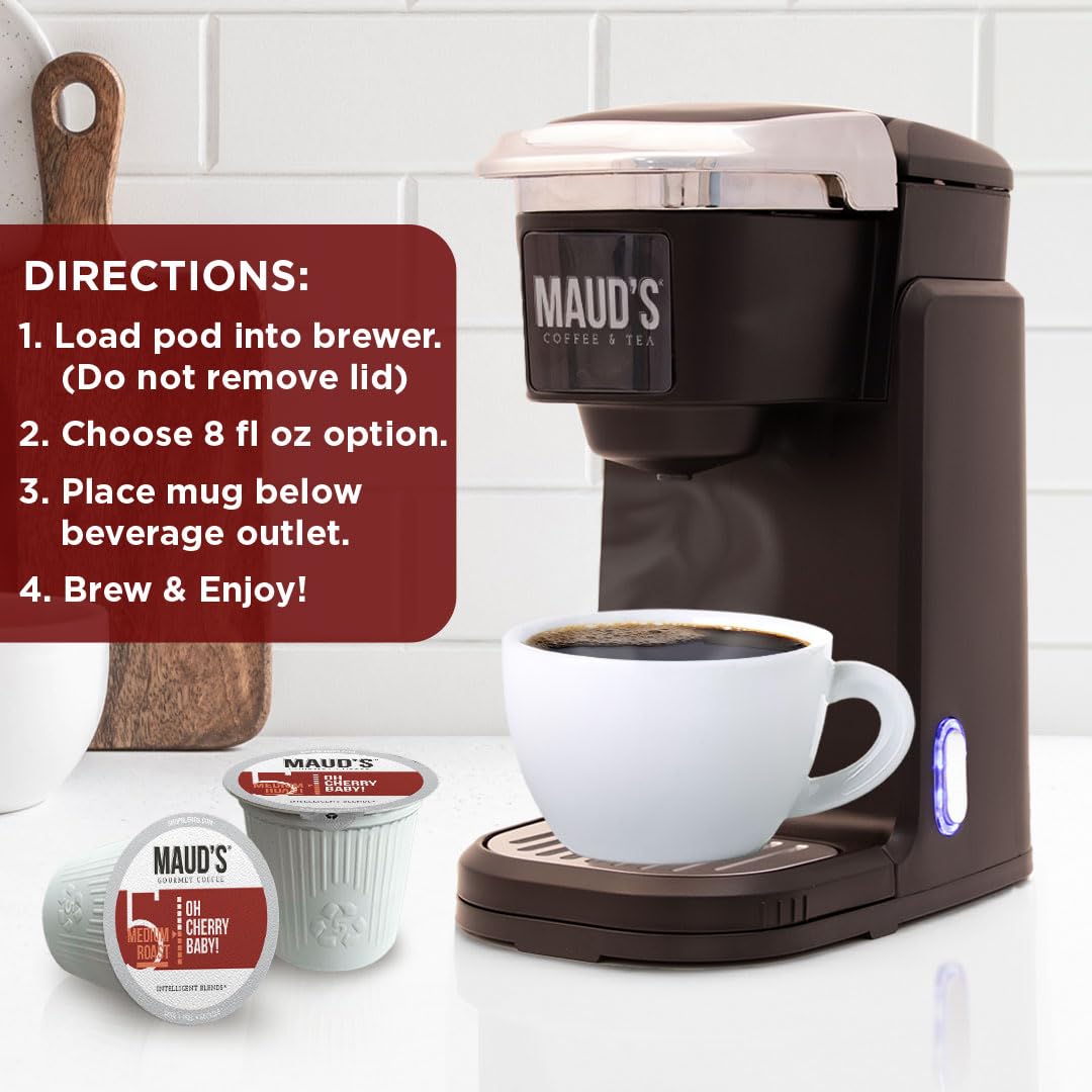 Maud’s Café con sabor a cereza (Oh Cherry Baby!), 18 ct. Cápsulas de café reciclables con sabor a cereza de una sola porción producidas por energía