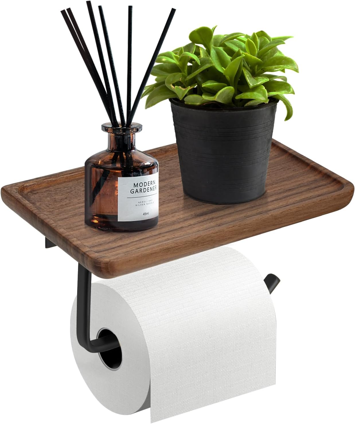Soporte de papel higiénico con estante negro, soporte de pared de madera para rollo de papel de seda con tornillo, accesorios de baño decoración