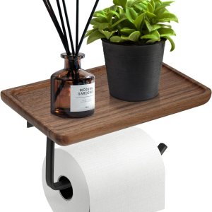 Soporte de papel higiénico con estante negro, soporte de pared de madera para rollo de papel de seda con tornillo, accesorios de baño decoración Soporte de papel higiénico con estante negro, soporte de pared de madera para rollo de papel de seda con tornillo, accesorios de baño decoración