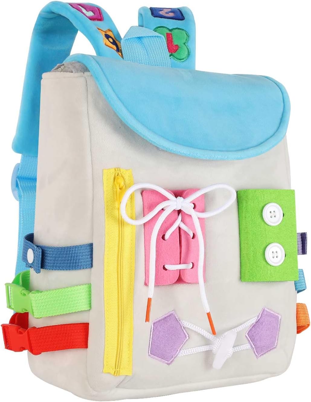 Busy Board – Mochila para niños pequeños con hebillas y juguetes de actividades de aprendizaje, desarrolla habilidades motoras finas y habilidades