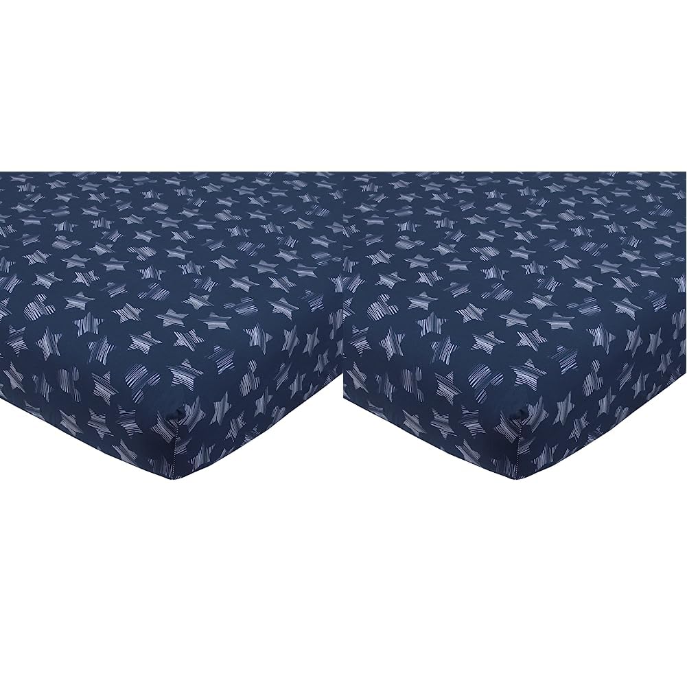 Disney Mickey Mouse Hello World StarIcon – Sábana bajera ajustable para cuna, 100% algodón, color azul marino, blanco (paquete de 2)
