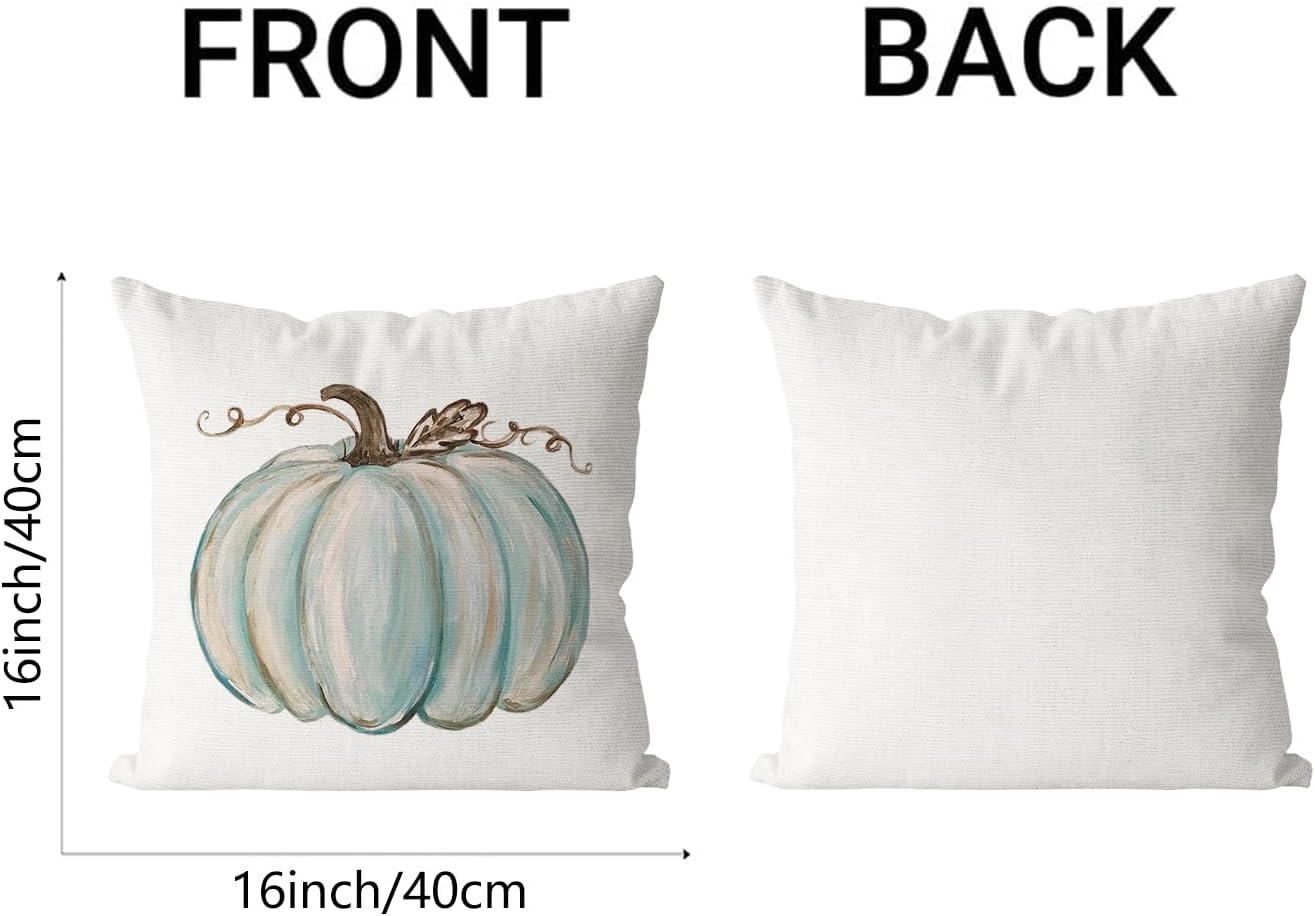Juego de 2 fundas de almohada decorativas de otoño de 16 x 16 pulgadas, fundas de cojín de calabaza azul claro, lino sintético, granja, Acción de