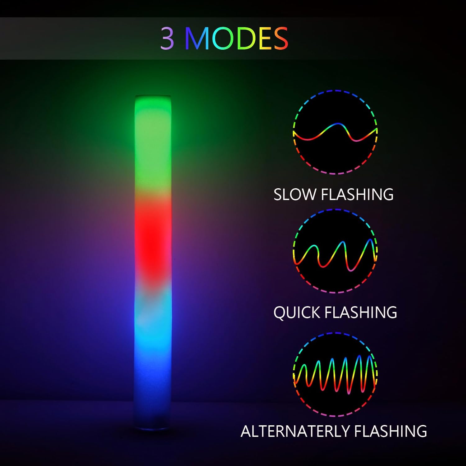 24 varillas de espuma brillantes a granel con 3 modos de cambio de color, palos de luz LED, suministros de fiesta que brillan en la oscuridad,