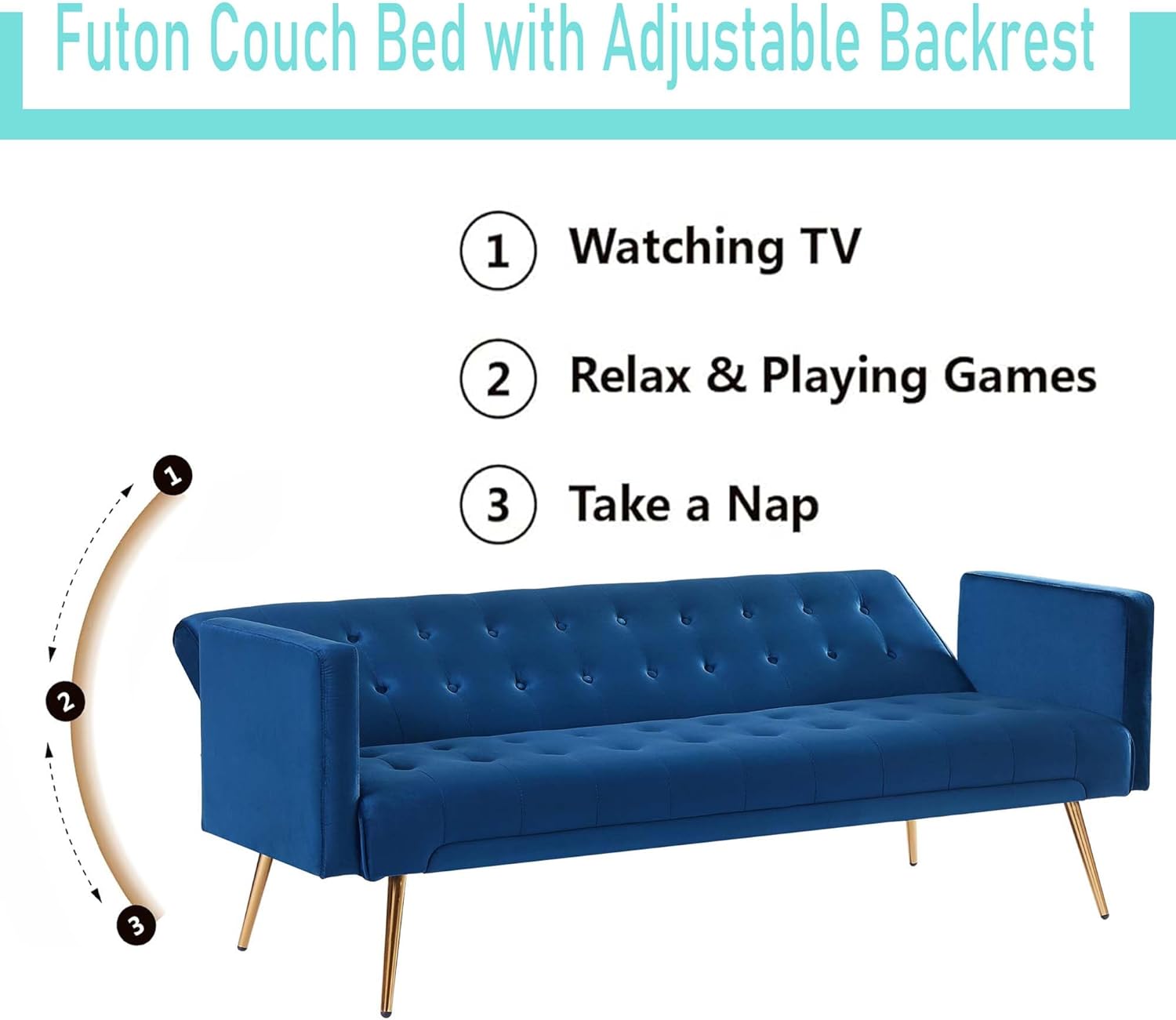 Mdhitsox Moderno sofá cama futón de terciopelo, sofá cama convertible con patas de metal, respaldo ajustable tapizado, asiento reclinable copetudo