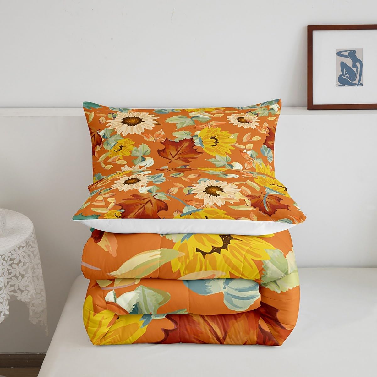 Erosebridal Juego de ropa de cama de otoño, tamaño Queen, color beige, girasol, amarillo, verde, marrón, naranja, juego de edredón de flores de