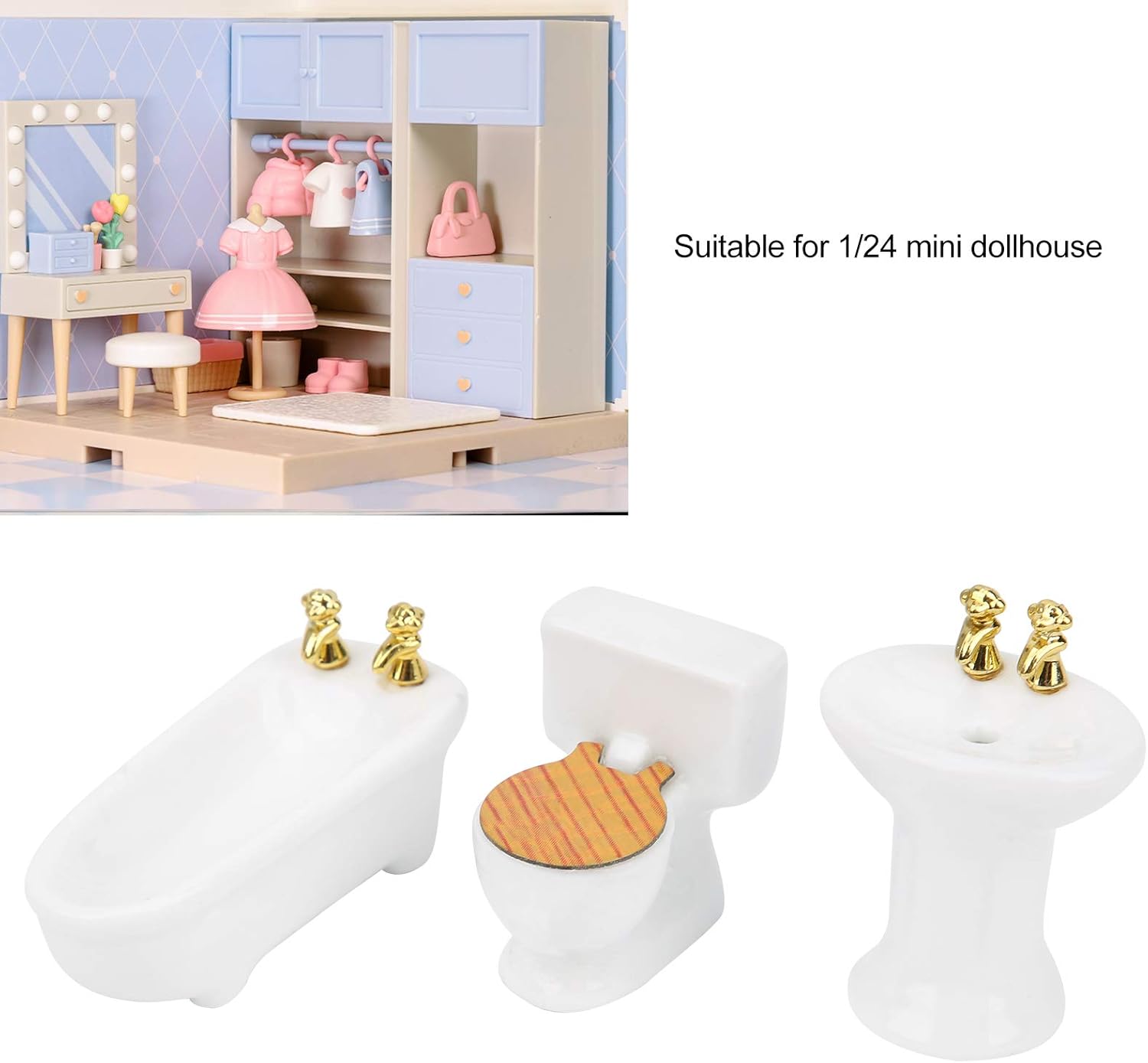Tina de casa de muñecas, 124 casa de muñecas en miniatura, juego de baño de imitación para bañera de cerámica, kit de fregadero (#1) Melody Jane