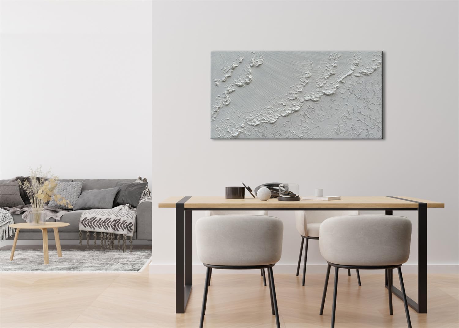 Slyart Pintura blanca 3D para pared, pintura abstracta de olas de mar, 24 x 48 pulgadas, pintura decorativa texturizada de arena de cuarzo sobre