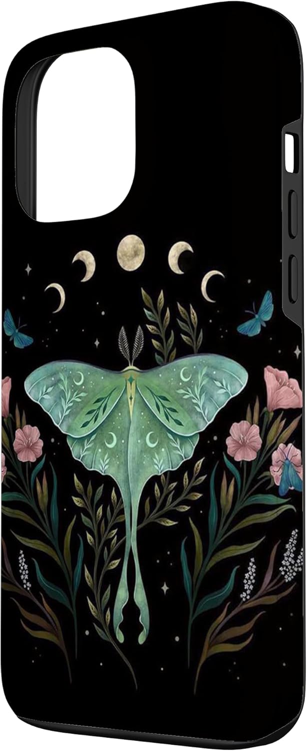 Funda estética Witchy Luna Moth Flower Floral Moon Phases para iPhone 13 Pro Max