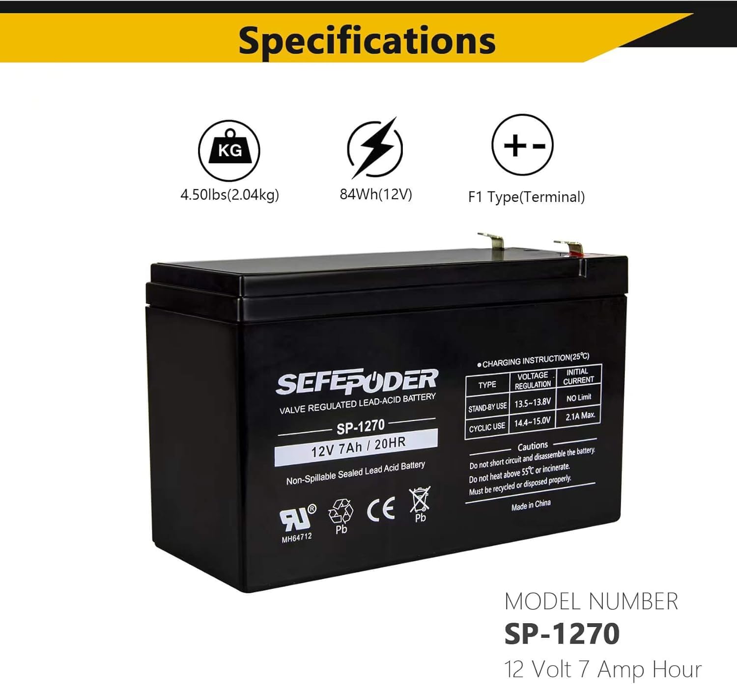 Batería de plomo ácido sellada recargable de 12V 7Ah (terminales F1)