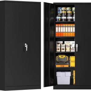 Superday Armario de almacenamiento con cerradura, armarios de almacenamiento de garaje de 71 pulgadas con cerradura, gabinete de metal negro con 2 Superday Armario de almacenamiento con cerradura, armarios de almacenamiento de garaje de 71 pulgadas con cerradura, gabinete de metal negro con 2