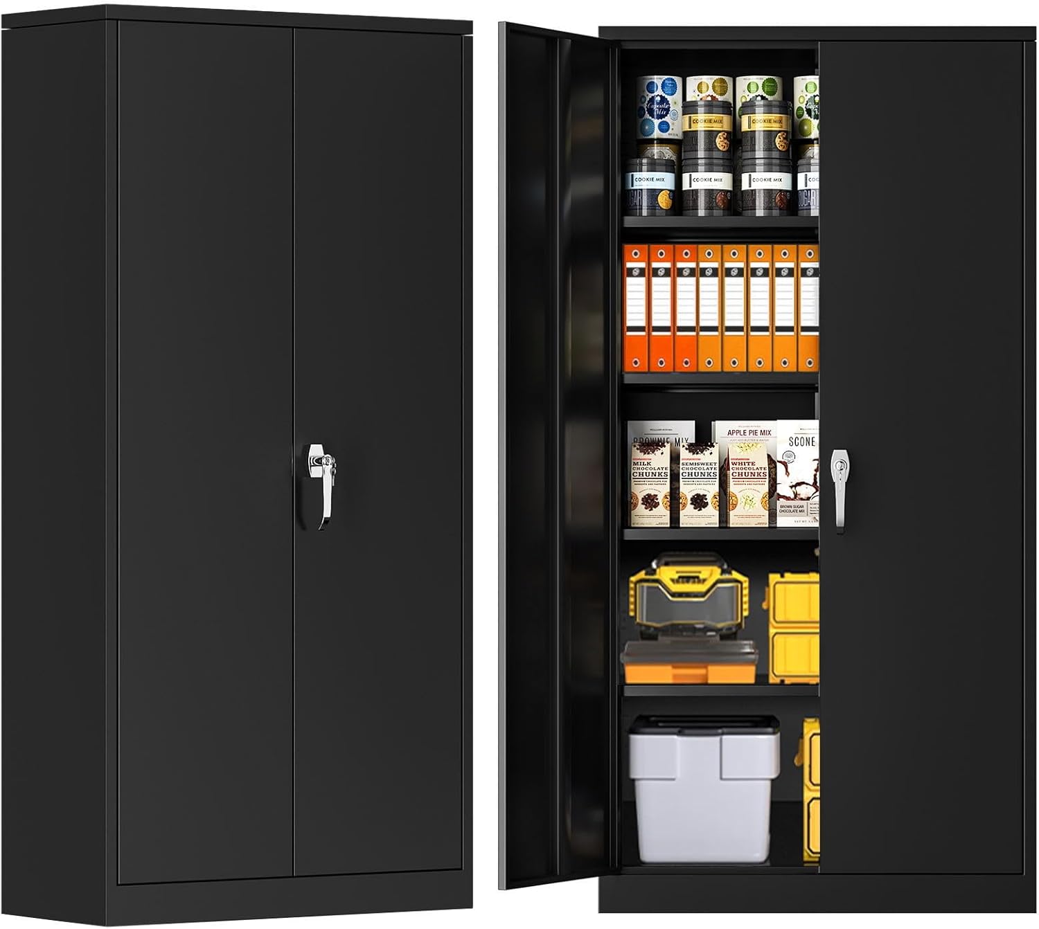 Superday Armario de almacenamiento con cerradura, armarios de almacenamiento de garaje de 71 pulgadas con cerradura, gabinete de metal negro con 2