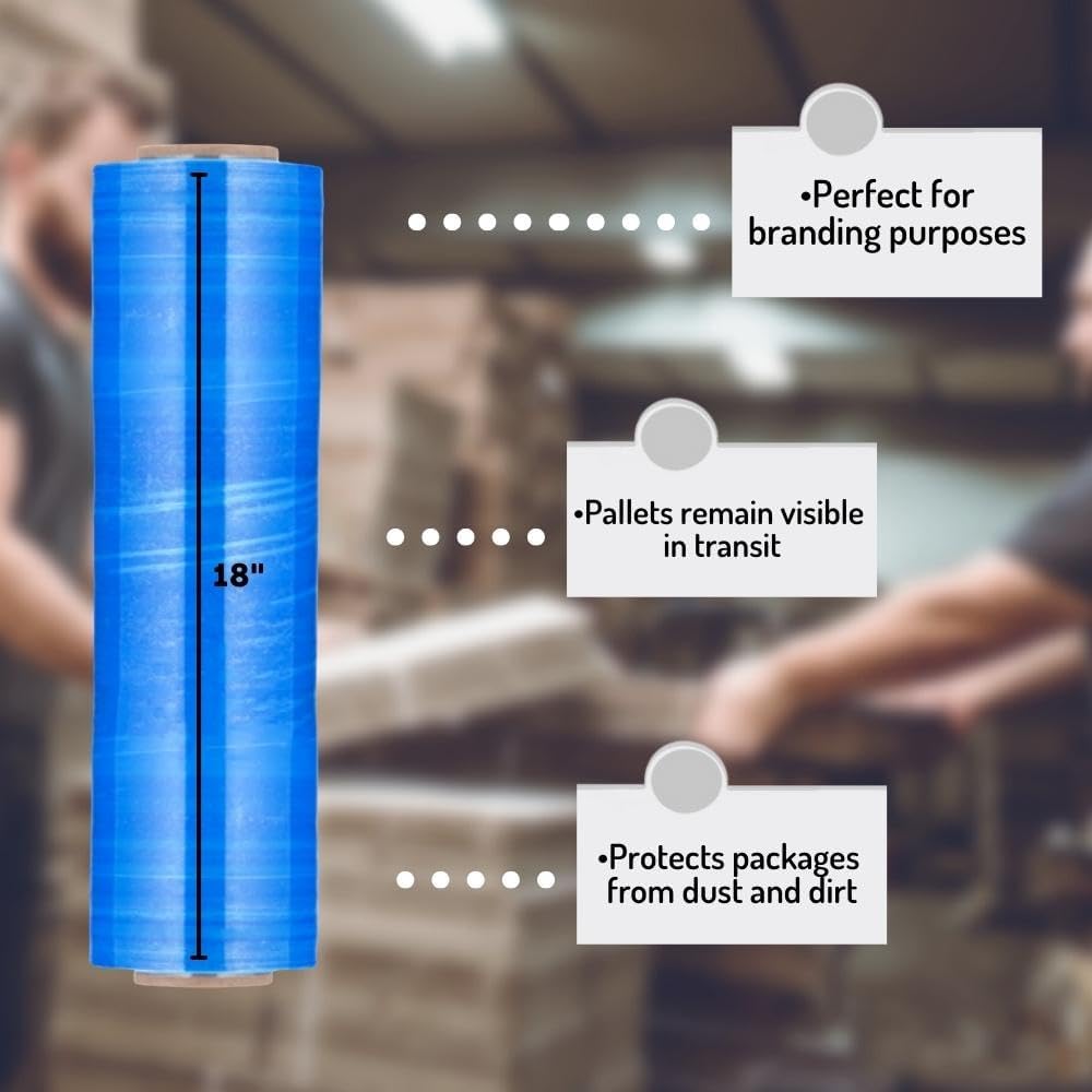 PSBM – Rollo de película elástica azul, paquete de 4, 18 pulgadas x 1500 pies, calibre 80, rollos de película elástica a mano oscuraopaca para