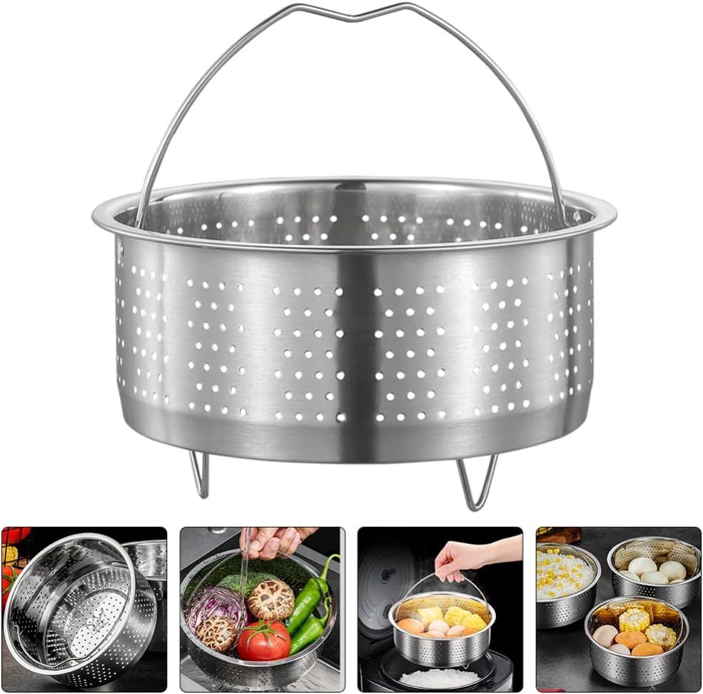 Luxshiny Olla arrocera, olla arrocera, cesta de vapor con patas de mango, inserción de vapor para verduras, acero inoxidable, para cocinar al vapor,