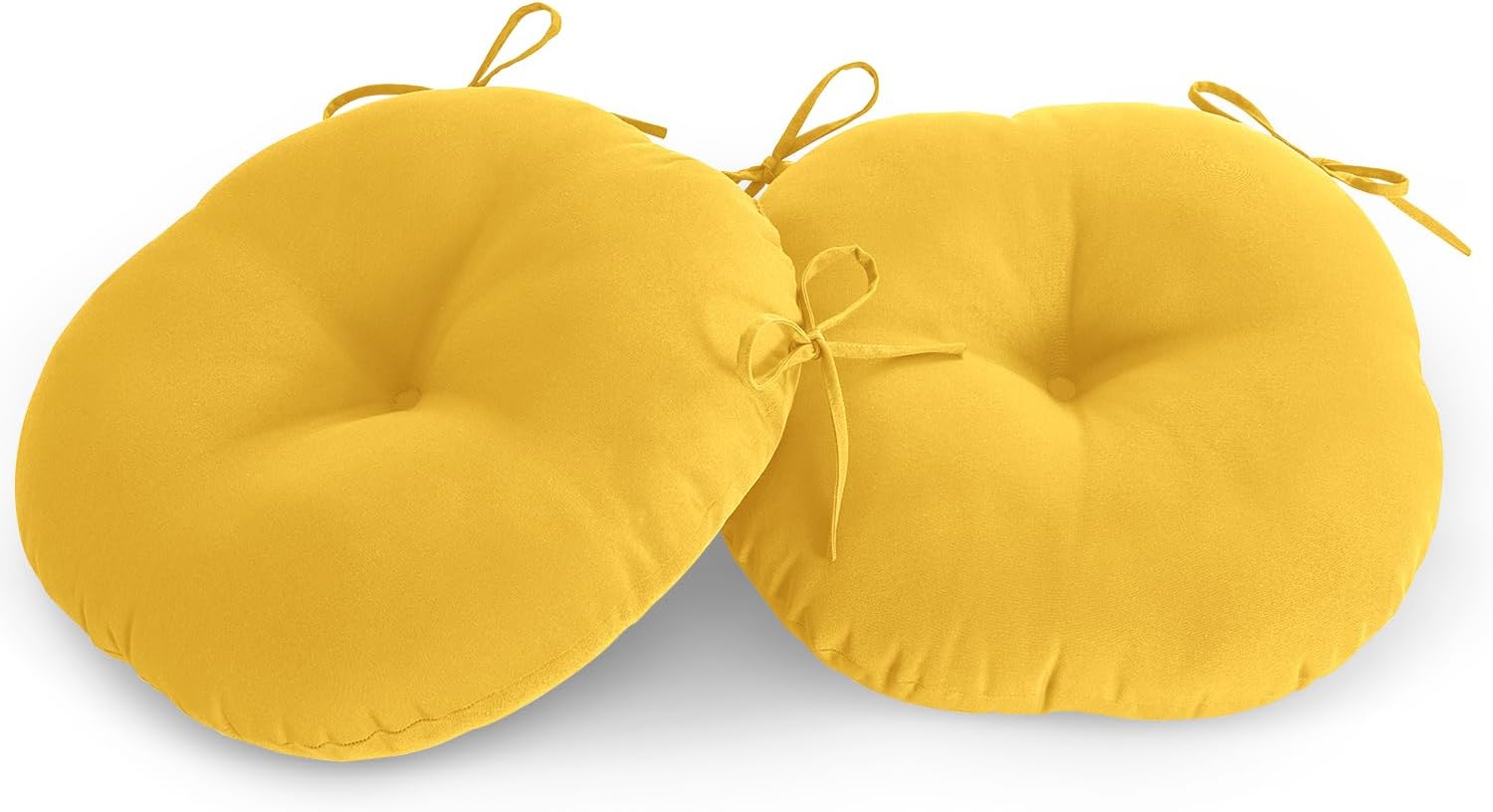 LOVTEX Bistro – Juego de 2 cojines redondos para sillas de exterior de 15 pulgadas, impermeables, redondos, con lazos, cojines amarillos para sillas