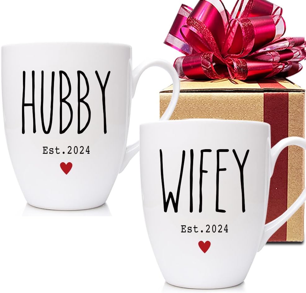 Est 2024 Hubby & Wifey – Juego de 2 tazas de café, juego de tazas de novio para novia, regalo de boda, juego de tazas de café para parejas, juego de