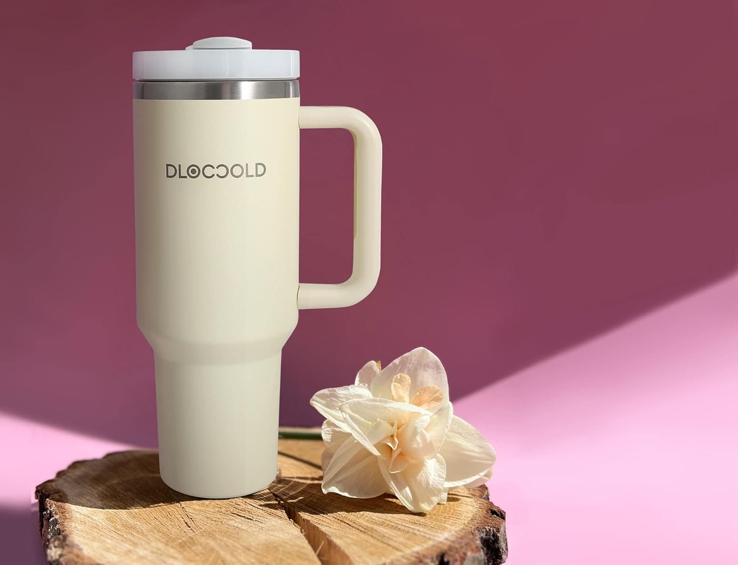 DLOCCOLD Vaso de acero inoxidable de 40 onzas con asa, vaso aislado con tapa y pajita, soporte para taza de viaje, vaso grande reutilizable para
