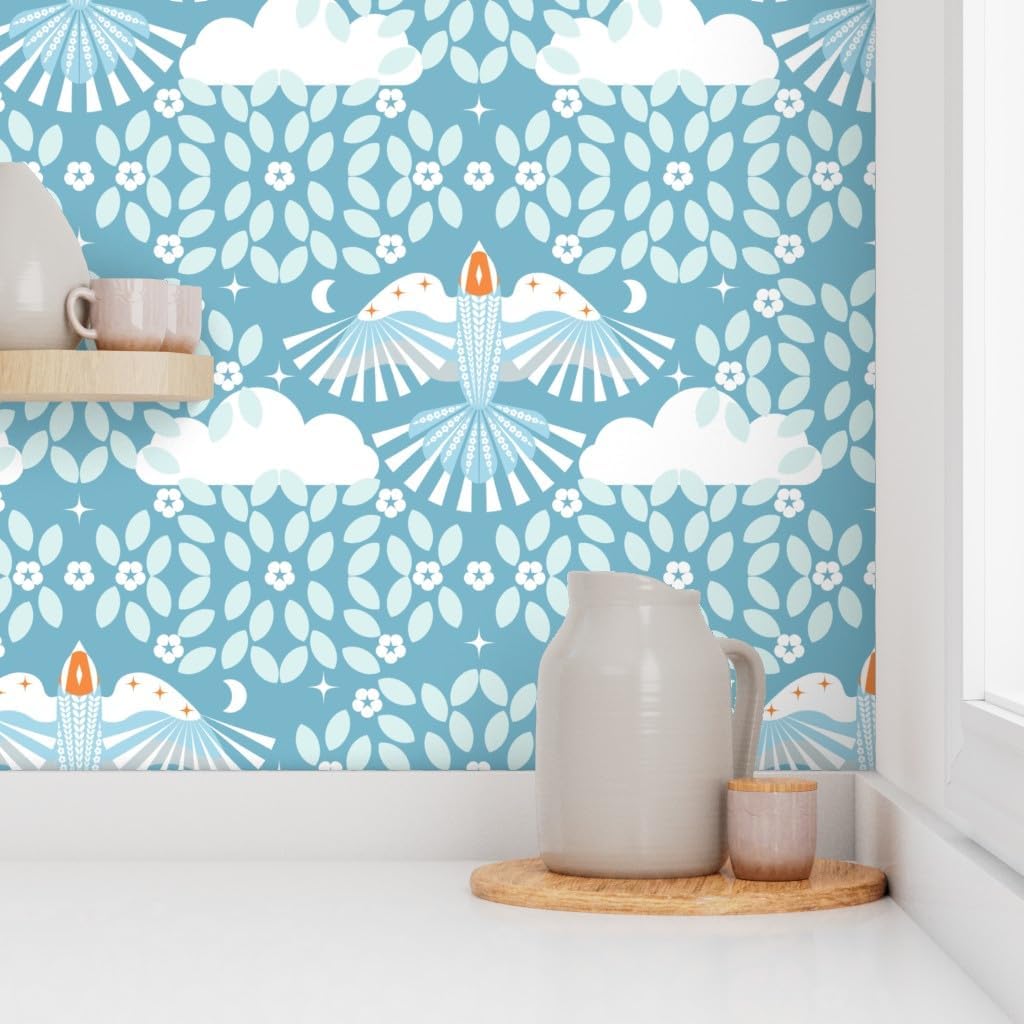 Spoonflower Removable Wallpaper 9ft x 2ft – Blue Sky Folk Art Orange Aqua Maximalist Magic Lucid Dreaming Scandi Scandinavian Mystical Large Custom