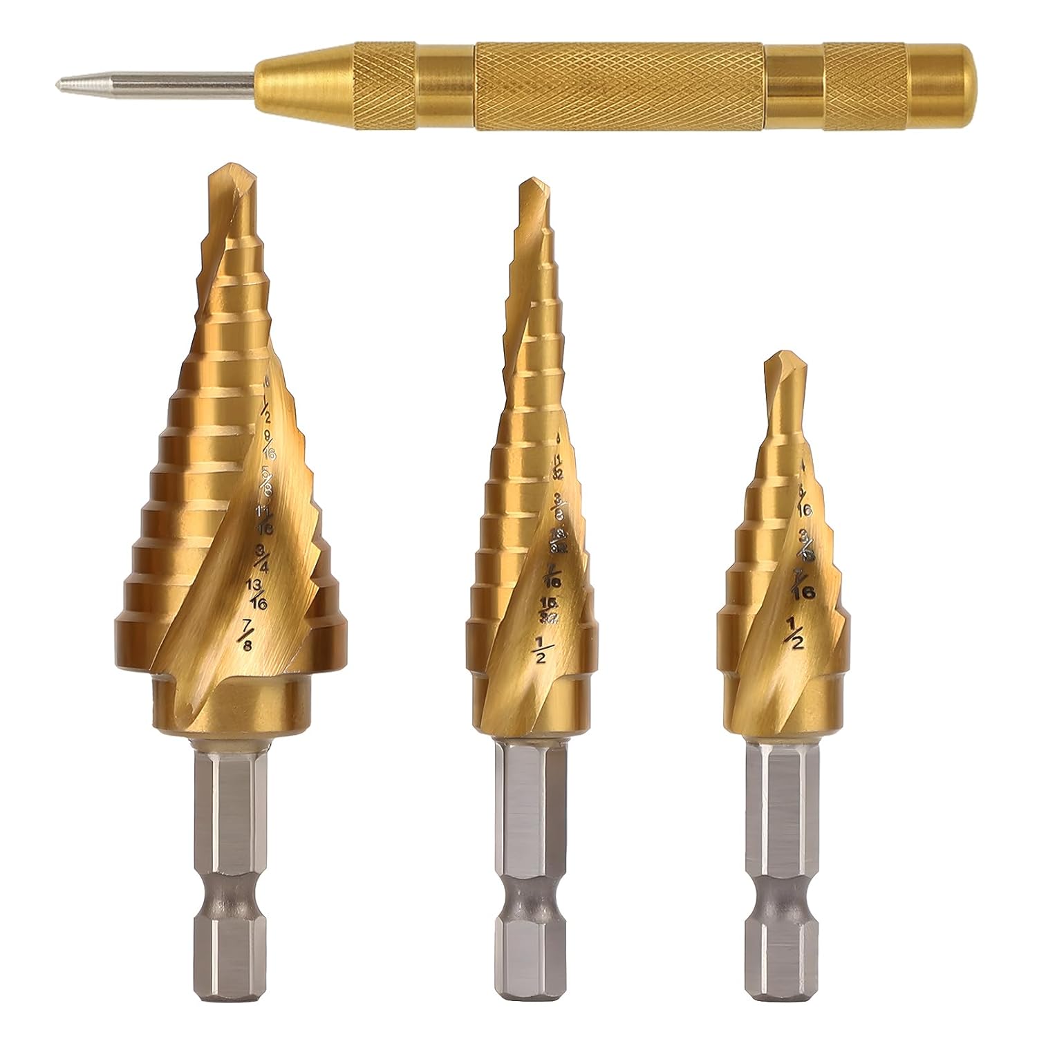 COMOWARE Juego de brocas escalonadas, 3 brocas de vástago hexagonal HSS con dos flautas en espiral y preparación para impactos, ideal para metal,