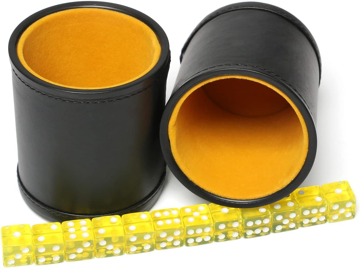 Taza de dados de piel sintética con forro de fieltro, incluye dados de 0.63 pulgadas para juegos de dados Yahtzee Farkle Bar Party Familiar, 2