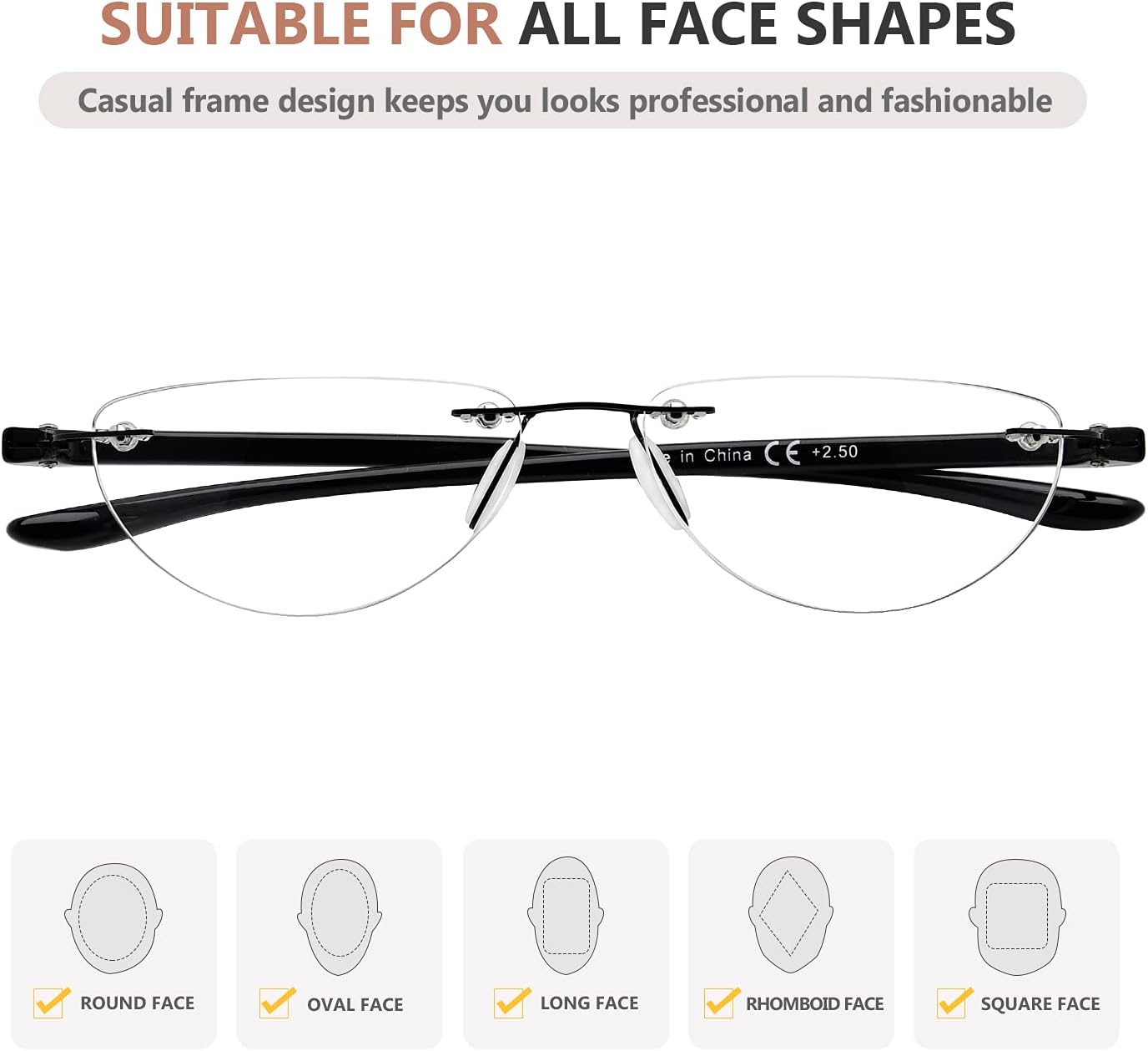 Eyekepper Paquete de 4 lentes de lectura sin montura para mujeres y hombres, lectores de media luna +1.25