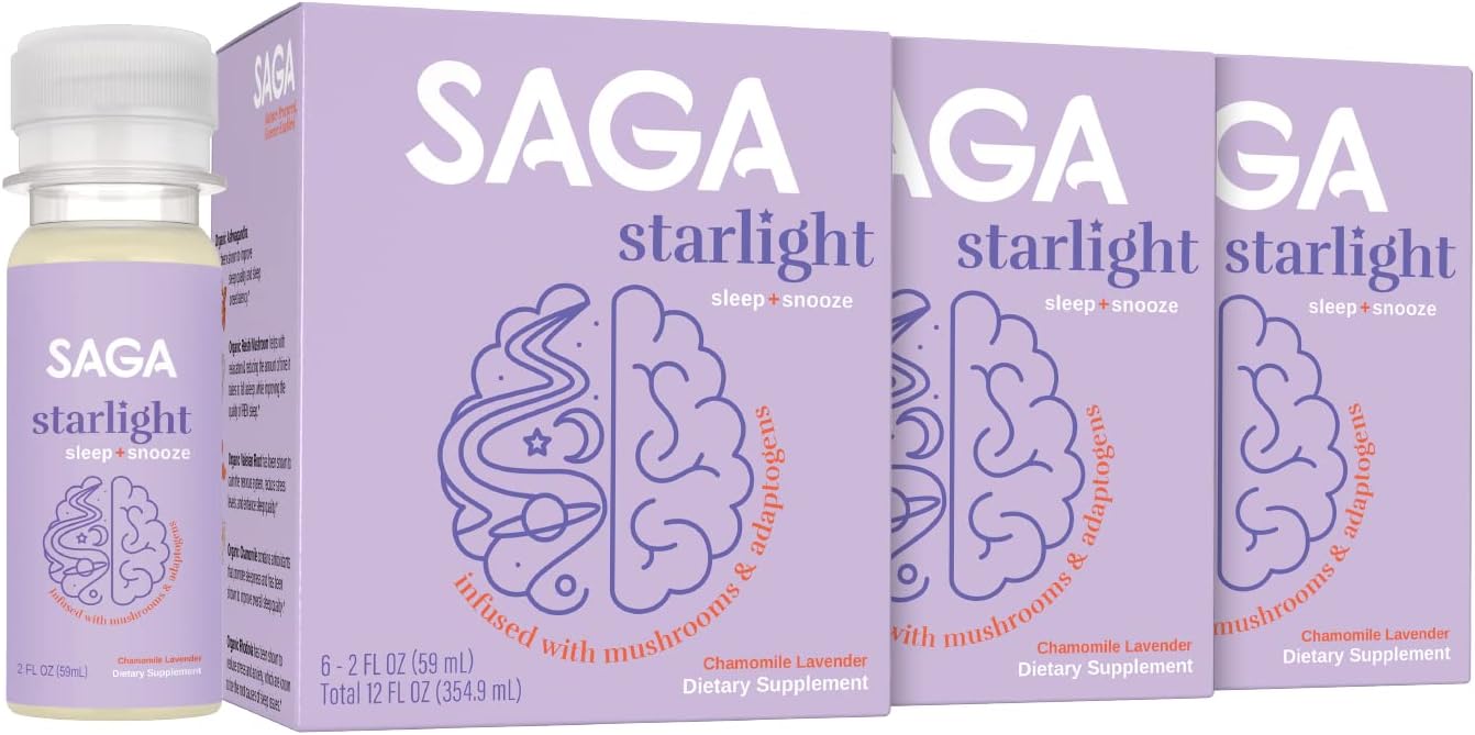 SAGA Starlight – Suplemento para dormir con hongos para el bienestar, bebida funcional para relajación, calma y apoyo al sueño con Ashwagandha,