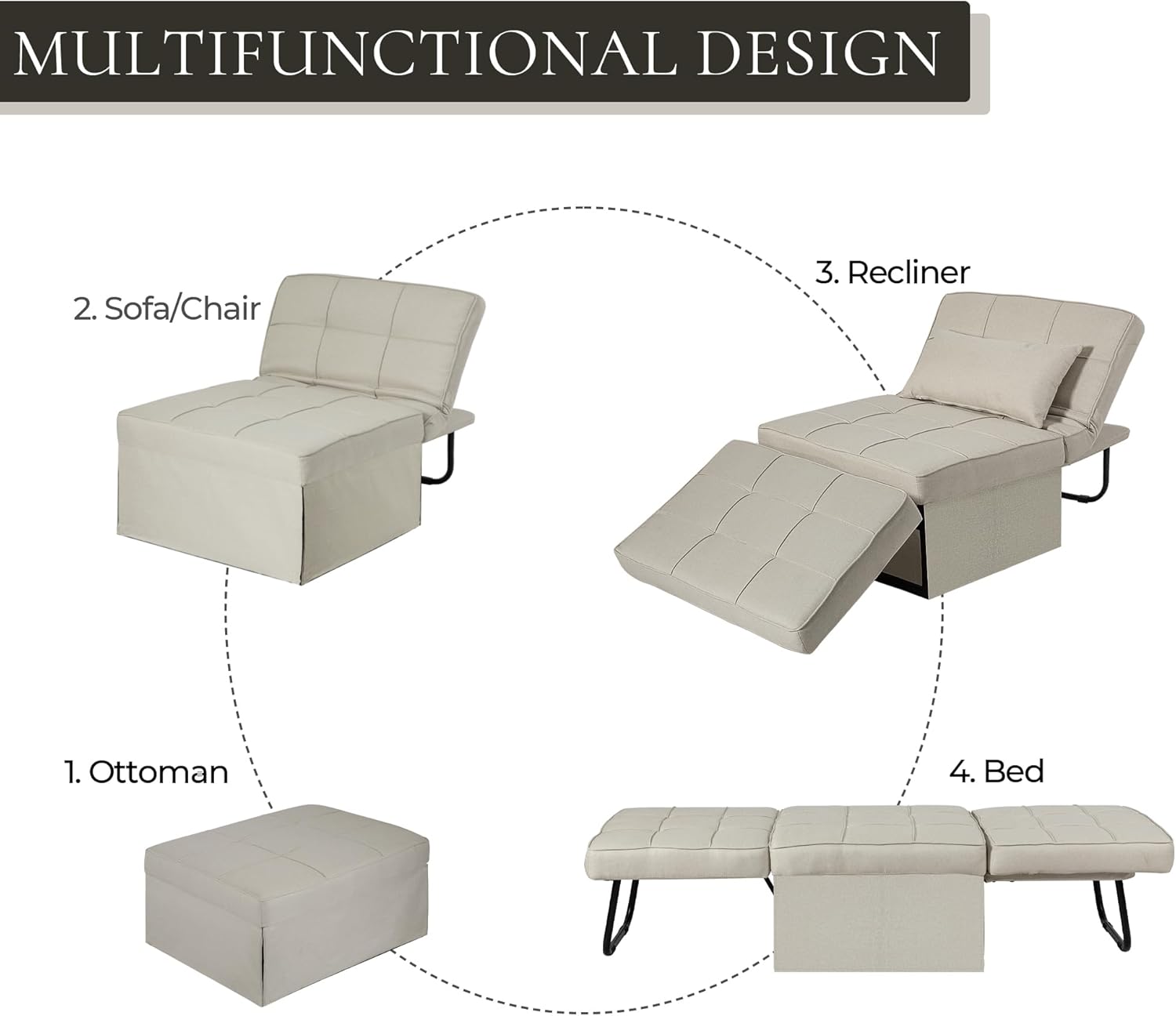 Sofá cama convertible, cama otomana plegable multifunción 4 en 1 con respaldo ajustable, moderna silla extraíble para sala de estar, apartamento,