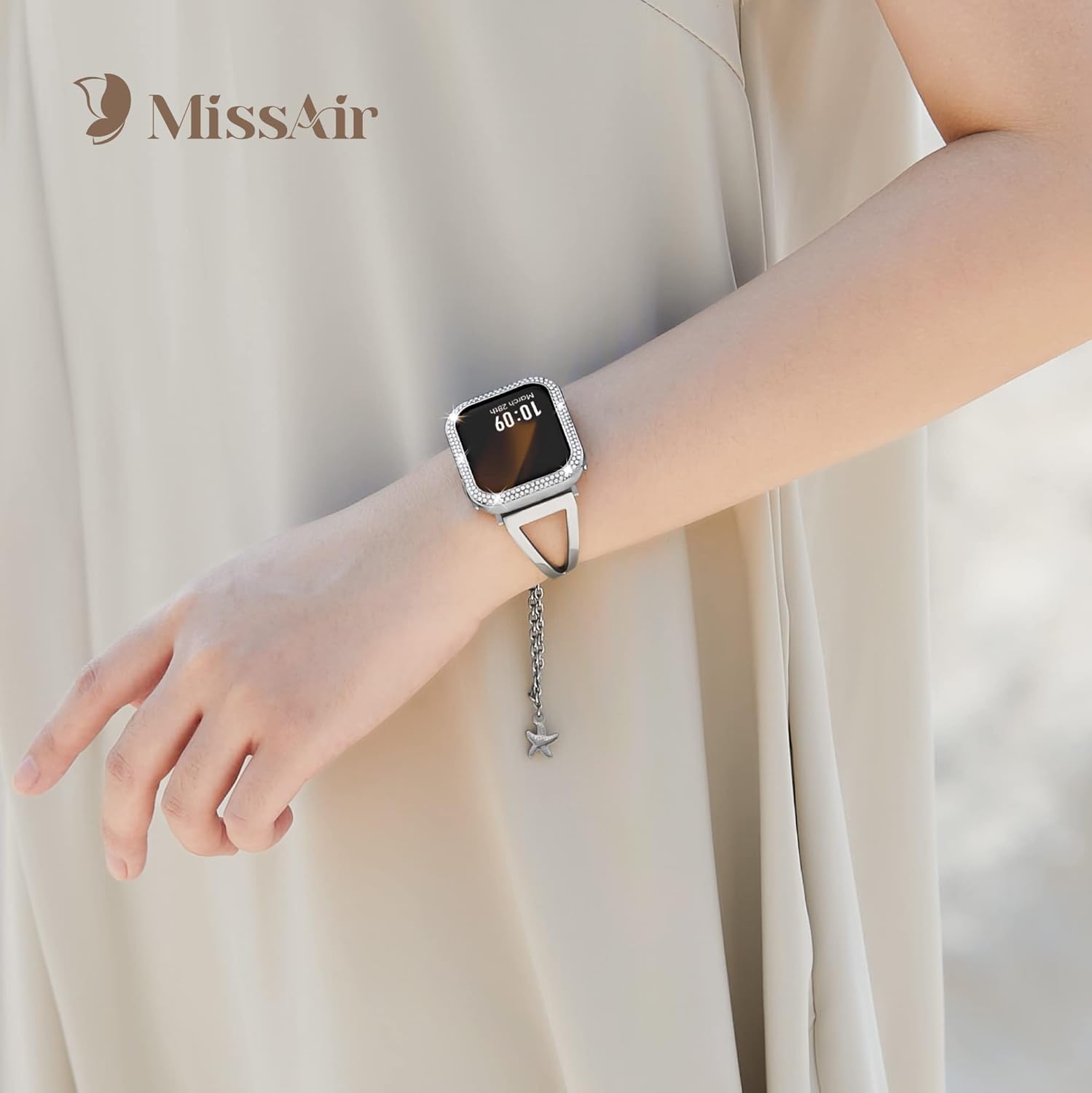 Missair Bling Funda compatible con Apple Watch Series 6, 5, 4 SE, con purpurina de doble hilera, marco de diamantes de cristal de acero inoxidable,