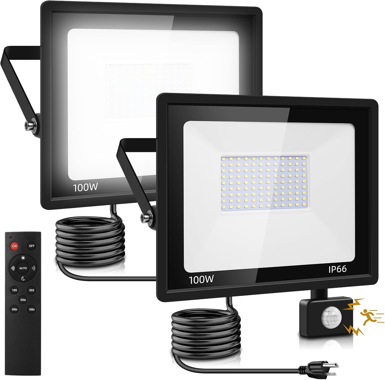 Paquete de 2 luces de inundación LED de 100 W, sensor de movimiento al aire libre, 10000 lm, 6500 K, luces de seguridad, movimiento al aire libre,
