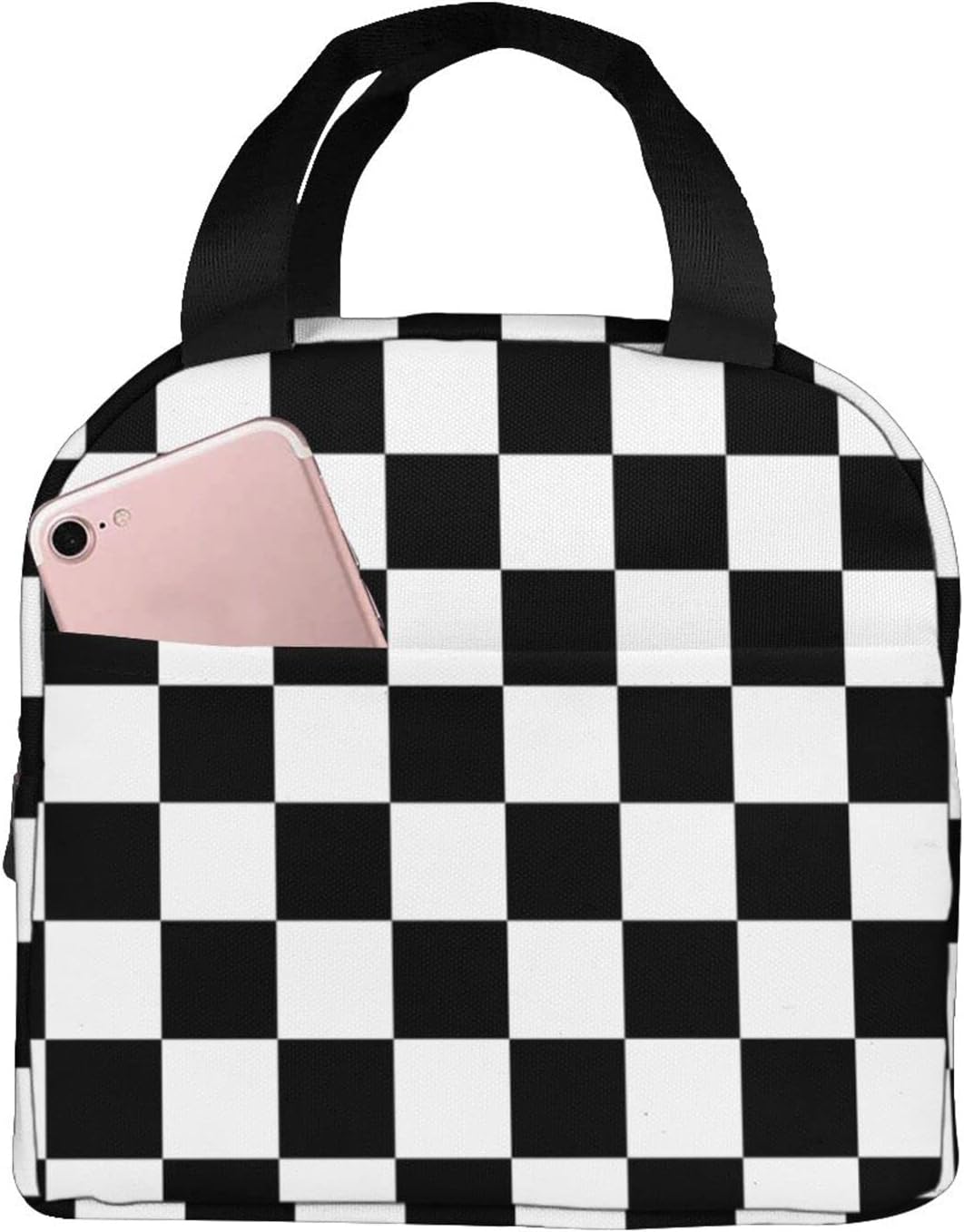 Bolsa de almuerzo aislada portátil con bandera a cuadros de raza blanca y negra, caja de almuerzo reutilizable para hombres, mujeres y niños