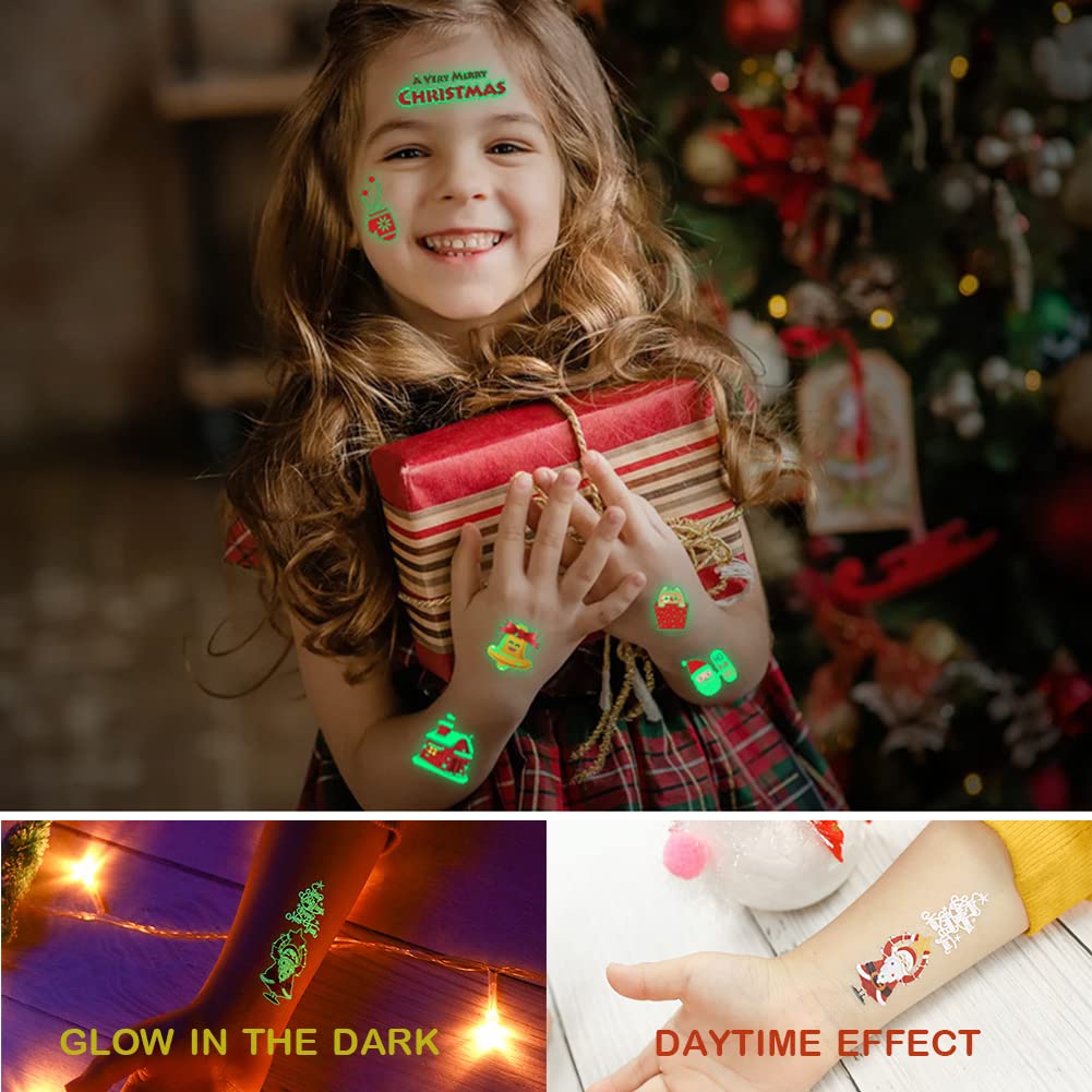 10 hojas de 105 tatuajes temporales de Navidad para niños que brillan en la oscuridad, tatuajes para niños y niñas, decoraciones de Navidad,