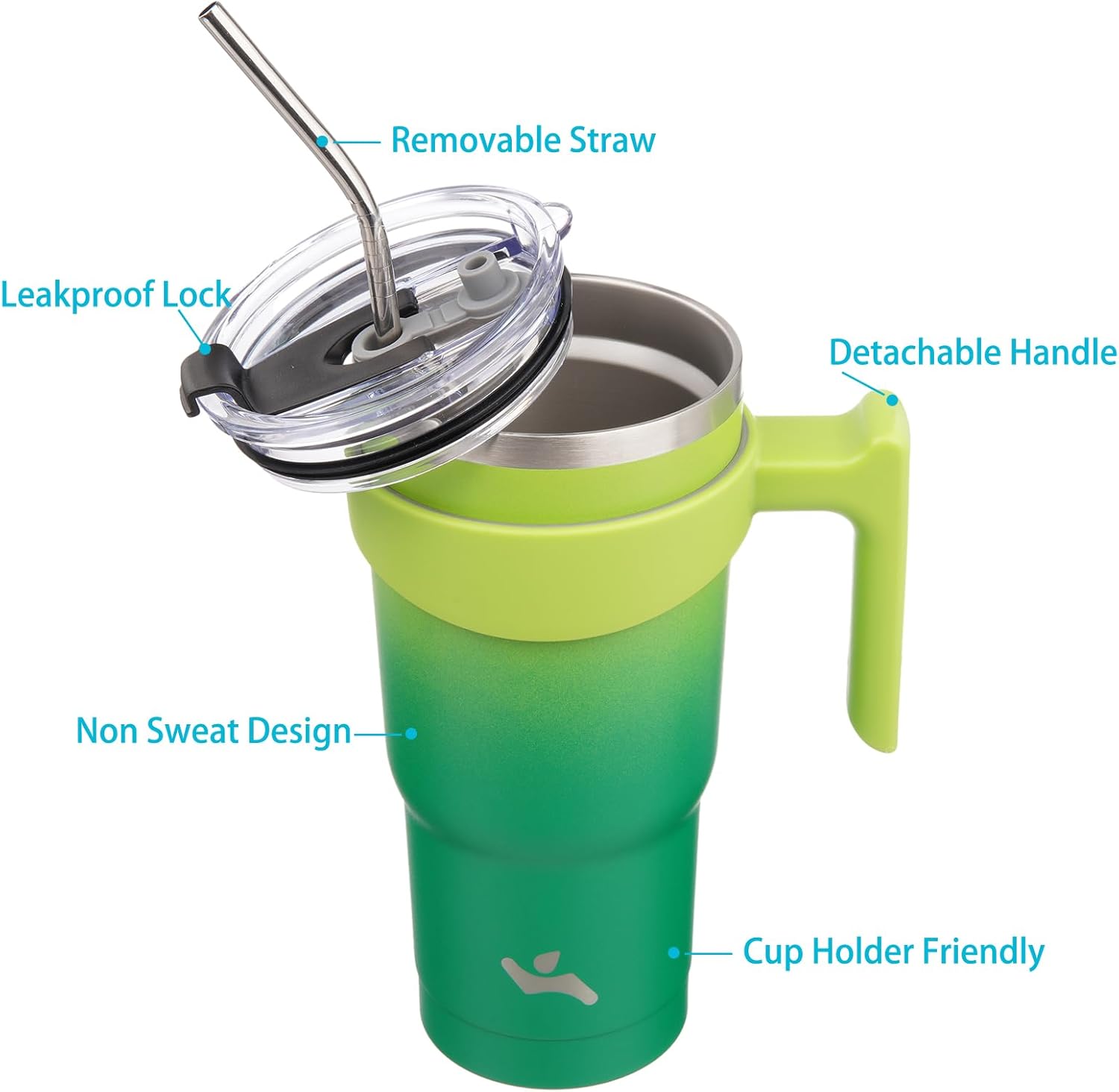 Vaso de 20 onzas con asa y 2 pajillas, 2 tapas, botella de agua aislada de acero inoxidable al vacío, taza de viaje reutilizable, color verde matcha