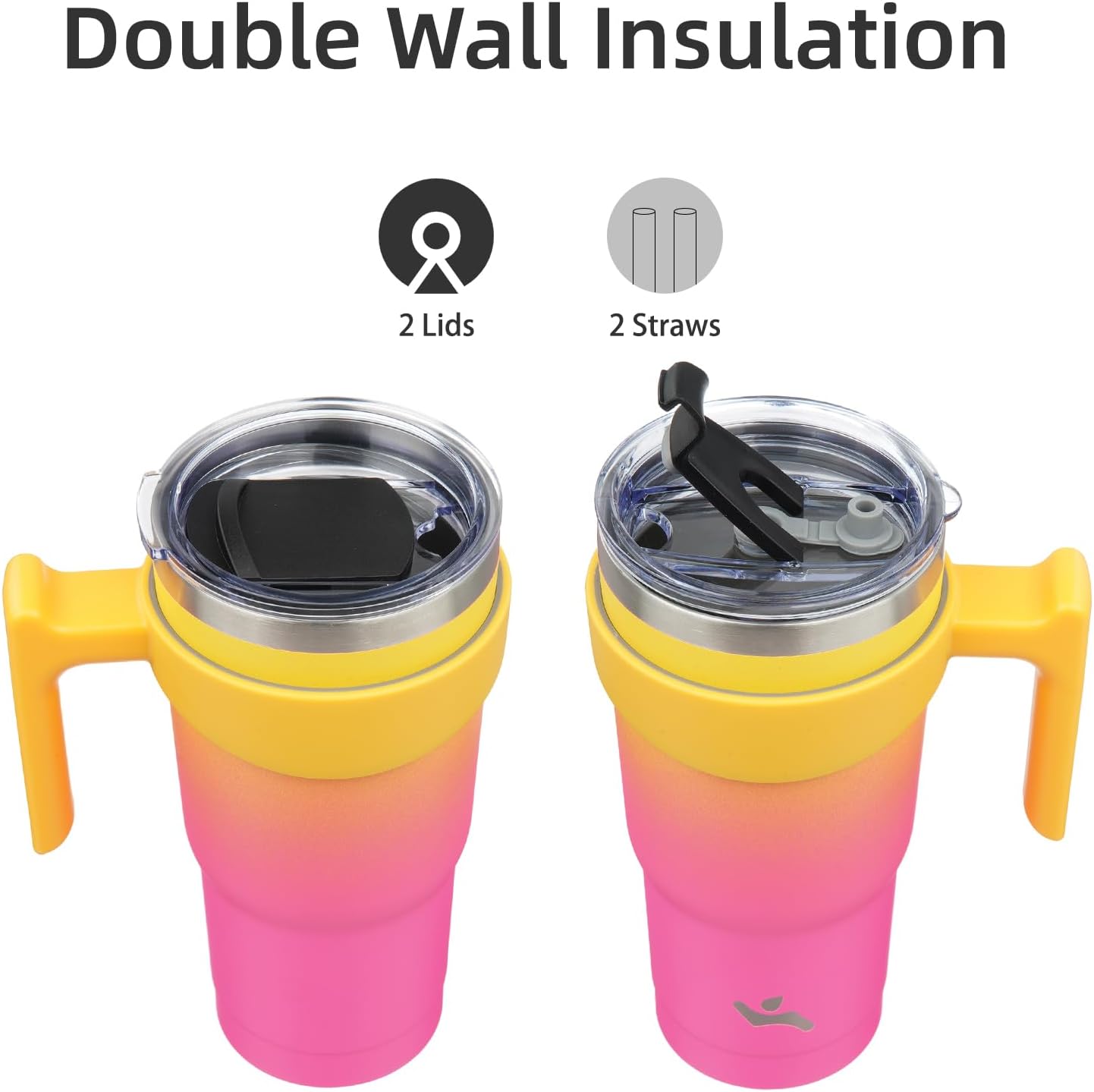 Vaso de 20 onzas con asa y 2 pajillas, 2 tapas, botella de agua aislada de acero inoxidable al vacío, taza de viaje reutilizable, arcoíris