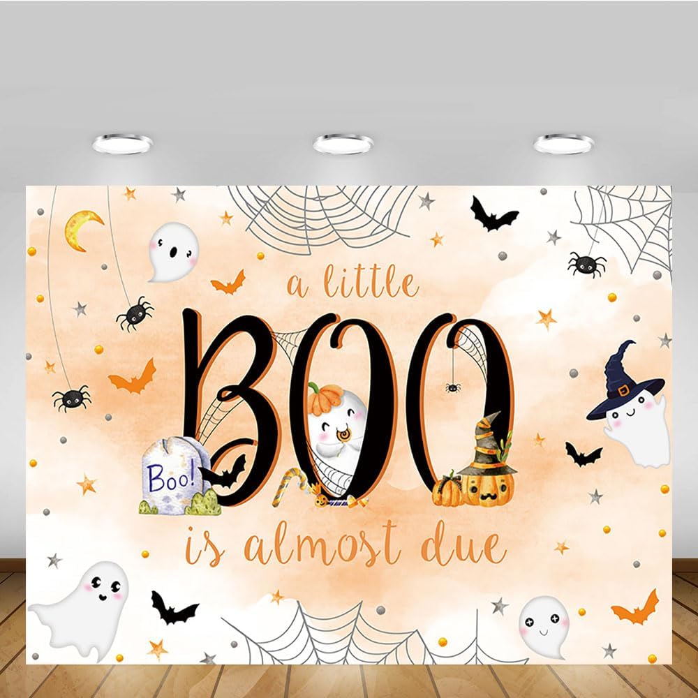 MEHOFOND Telón de fondo de Halloween de 7 x 5 pies para baby shower con texto en inglés “A Little Boo is Almost Due Orange Water” para niño con