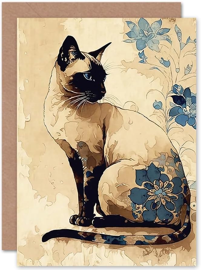 Artery8 Gato siamés con flores azules acuarela y tinta ilustración moderna arte cumpleaños sellada tarjeta de felicitación más sobre en blanco en el