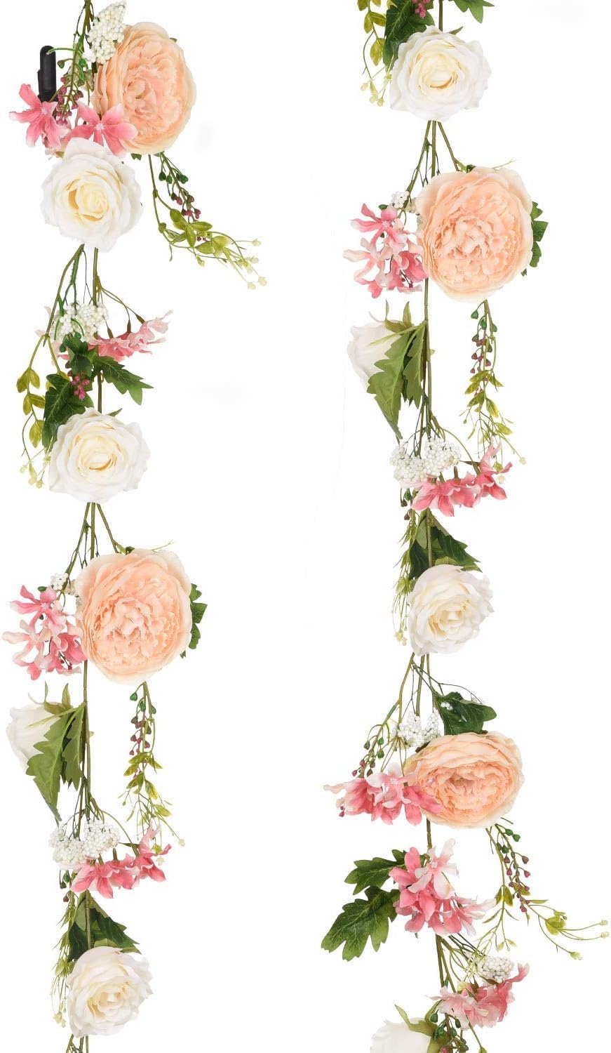 Artiflr Paquete de 2 guirnaldas de peonías artificiales, guirnalda de vegetación floral, guirnalda de rosas con flores de peonía mixtas y hojas