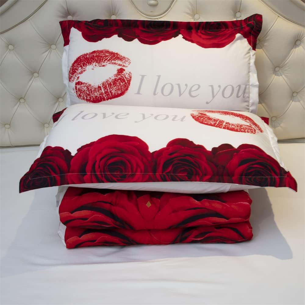Juego de edredón 3D Queen  Juego de edredón con estampado de rosas rojas y blancas tamaño Queen, juego de ropa de cama con 2 fundas de almohada para
