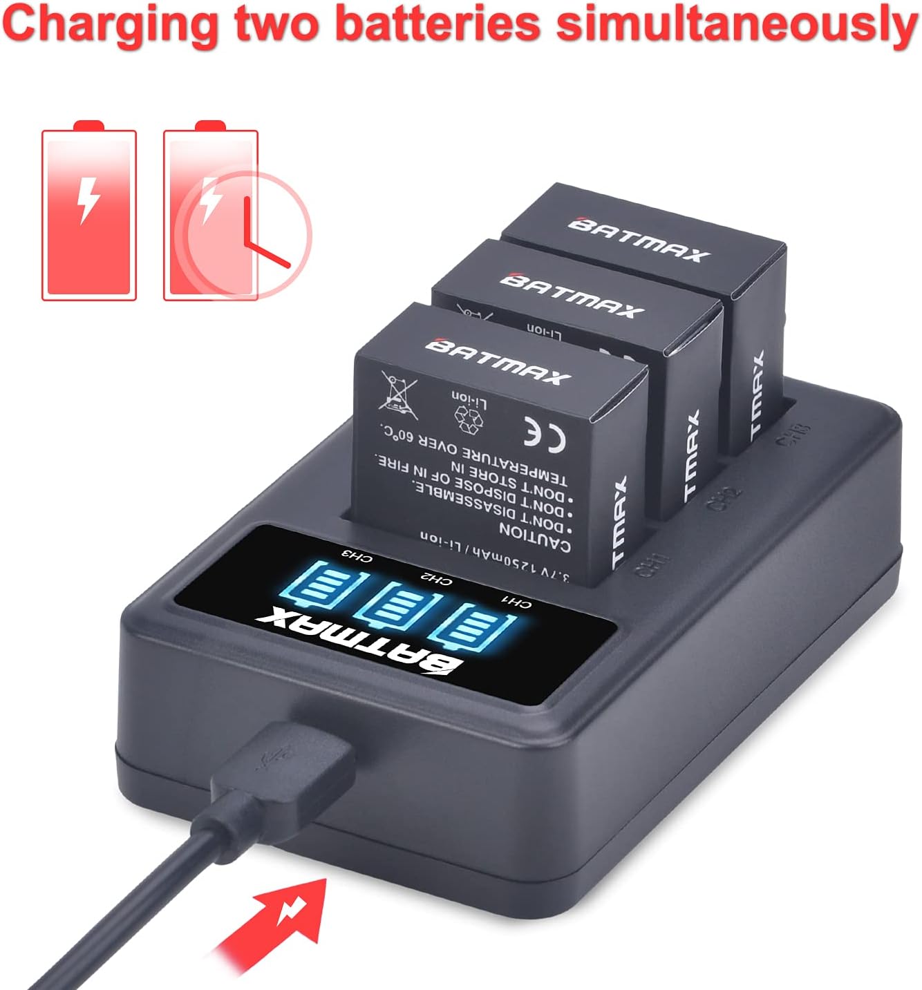 Batmax 3 baterías AHDBT-301 de iones de litio + cargador USB LED de 3 ranuras para cámaras GoPro Hero 3, Hero 3+ GoPro AHDBT-301, AHDBT-302