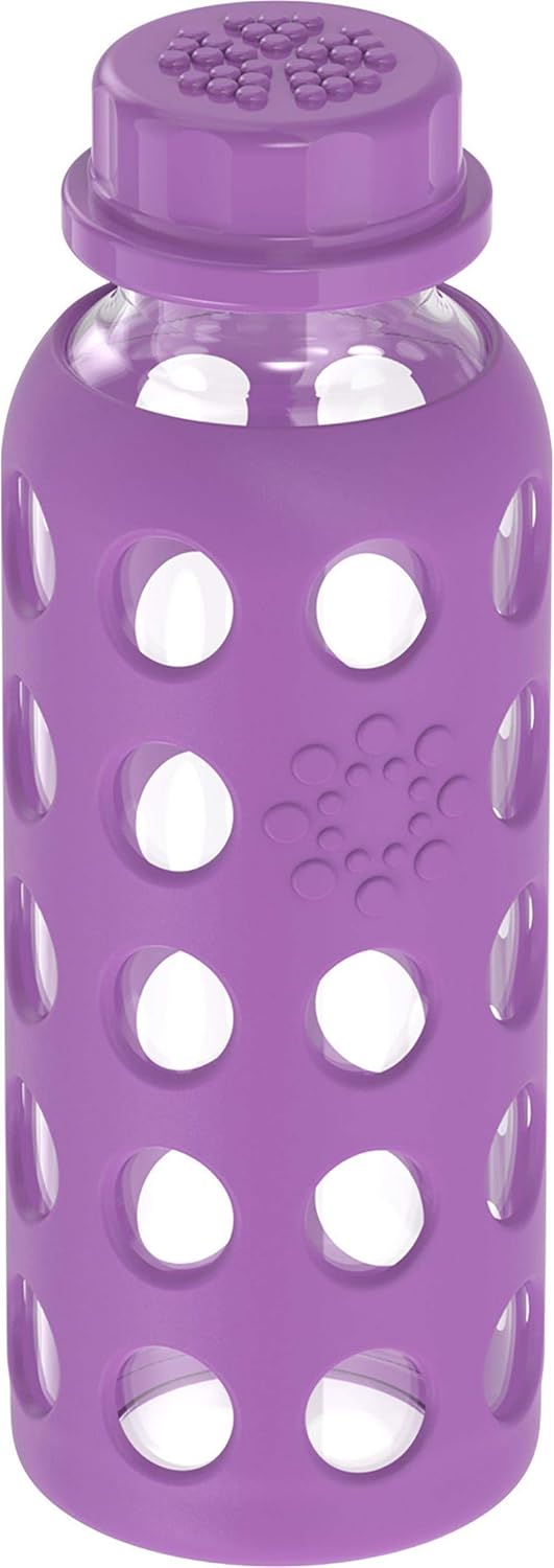 Lifefactory Botella de agua de vidrio sin BPA de 9 onzas con tapa plana y funda de silicona, uva