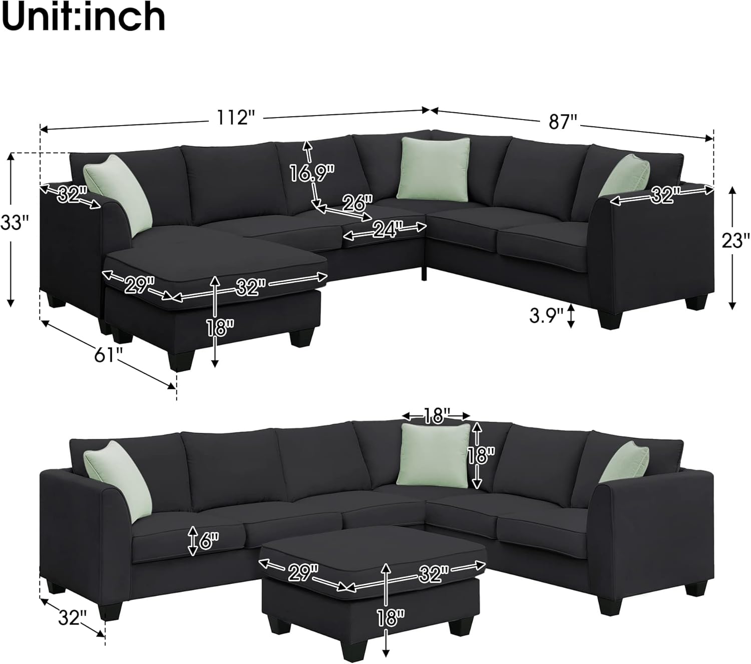 Sofá modular moderno en forma de L, 7 asientos, muebles modulares de tela con otomana y 3 almohadas, para sala de estar, apartamento, color negro
