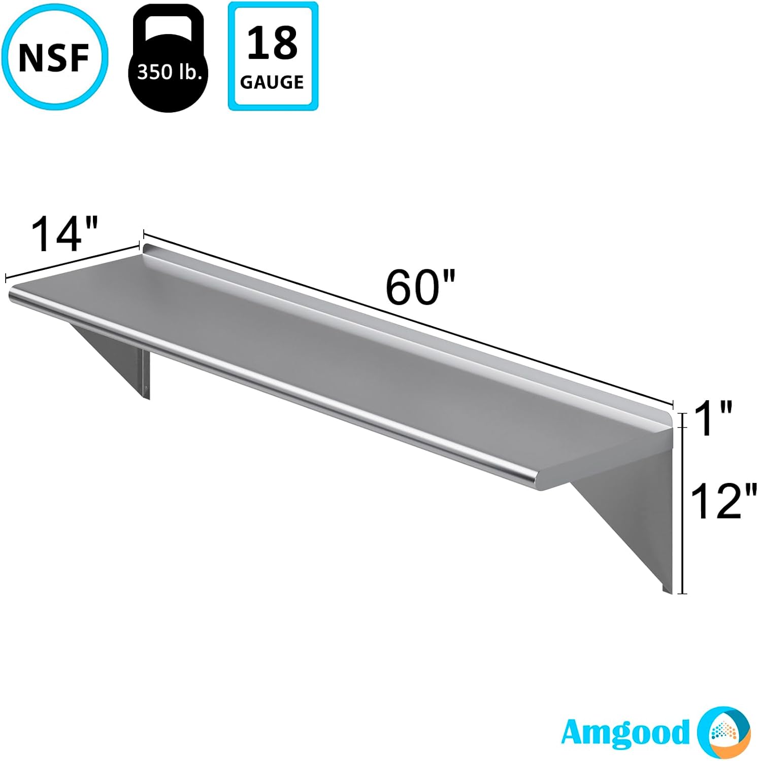 AmGood Estante de pared de acero inoxidable de 14 x 60 pulgadas  Estantería de metal  Garaje, lavandería, almacenamiento, cuarto de servicio