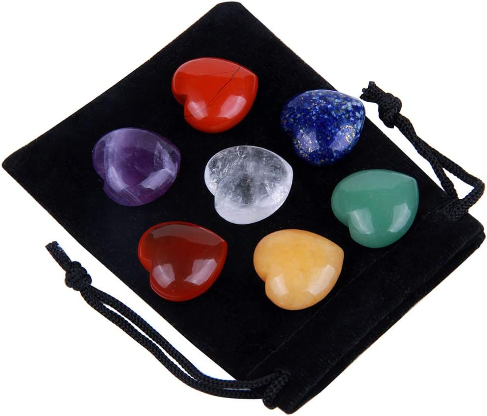 Juego de 7 piedras de chakra, piedras en forma de corazón de cristal curativo de Reiki, Piedra