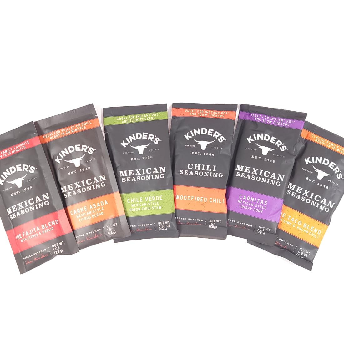 Kinders Ultimate Mexican Seasoning Bundle  Carne Asada 1oz, Carnitas 1oz, The Fajita Blend 1oz., Chili Woodfired 1oz., The Taco Blend 1oz., Chile