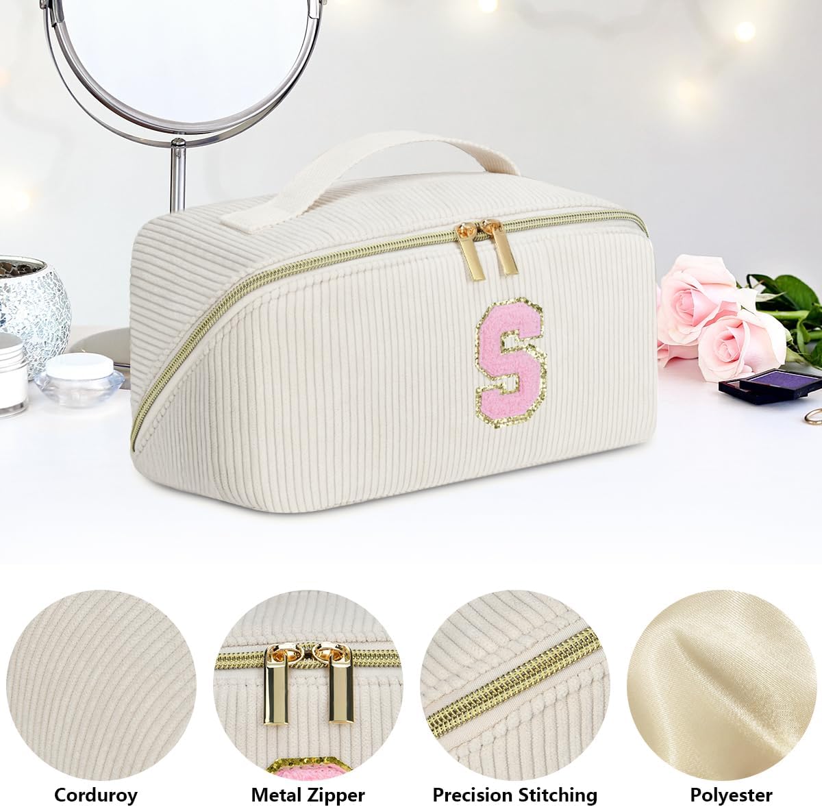 DTBG Bolsa de cosméticos de viaje de gran capacidad, Beige, Medium (3