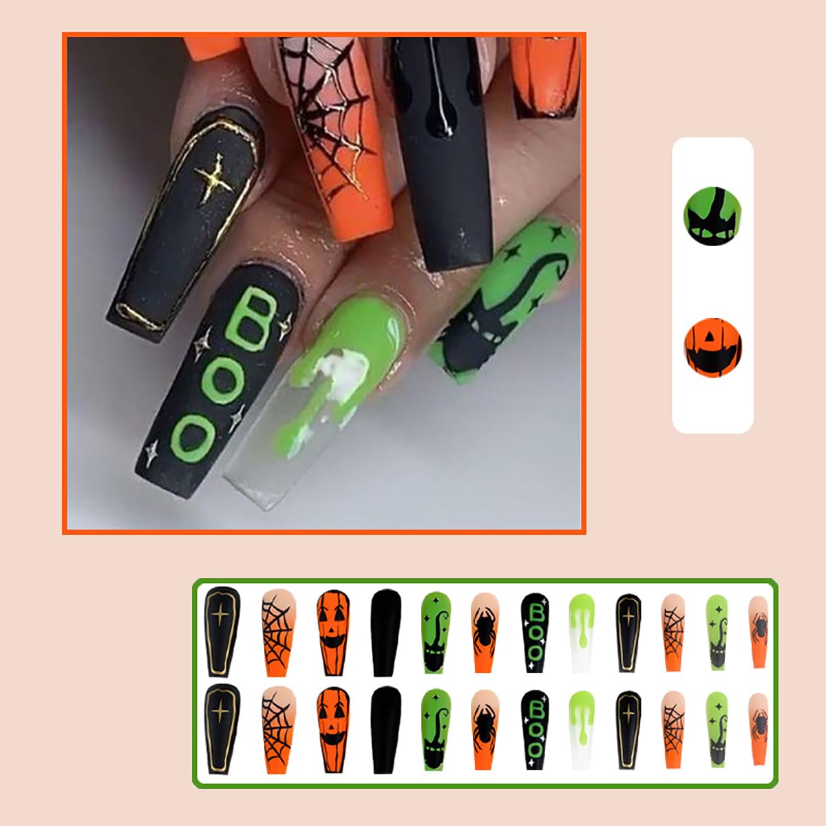 Uñas postizas largas cuadradas para Halloween, con pegamento, diseño de telaraña, lápida de gato, diseño de telaraña, uñas acrílicas, fantasma, arte