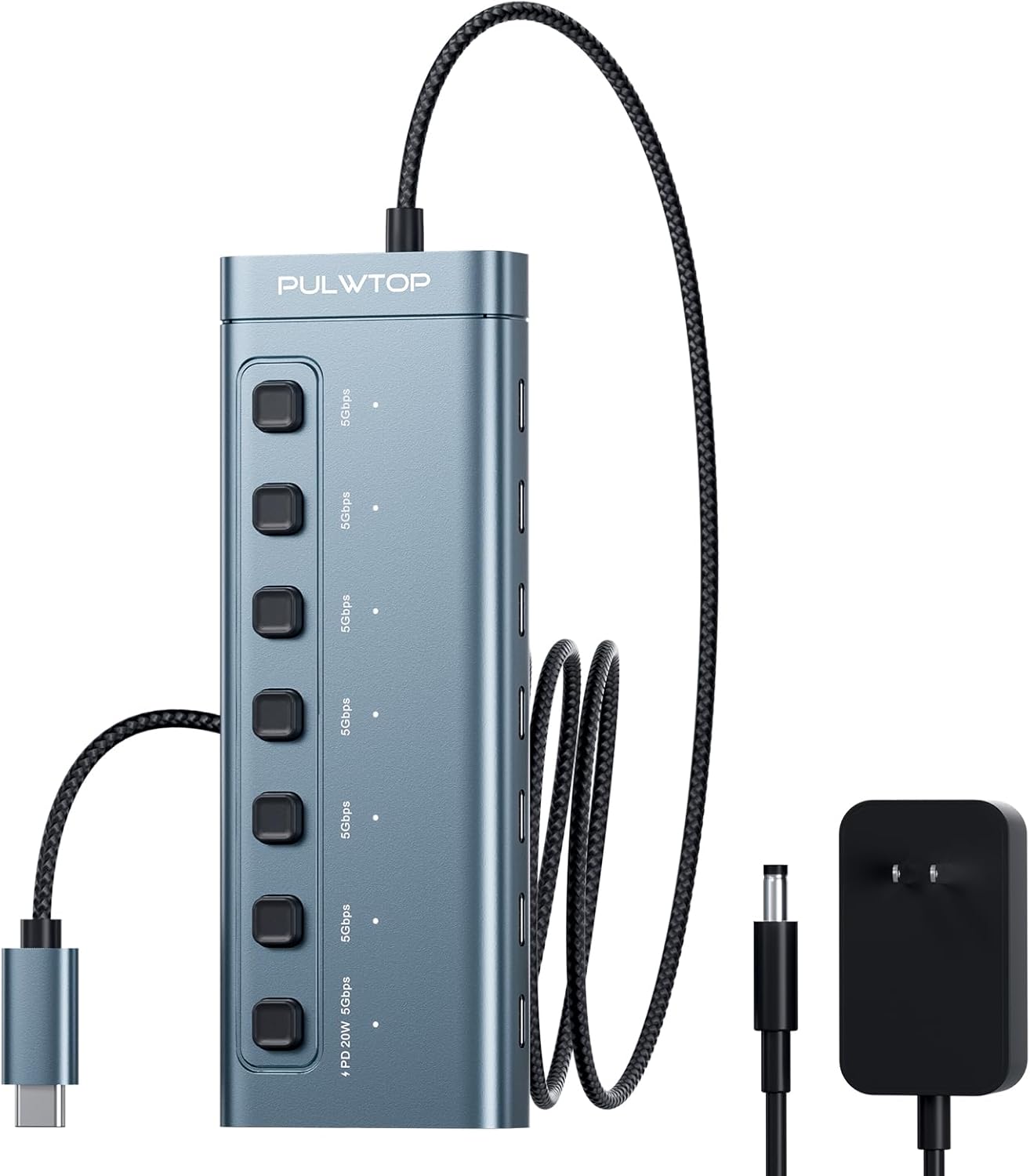 Hub USB C alimentado, 7 en 1 USB C 3.2 Gen1 HUB 36W con último puerto de carga de salida PD20W, divisor USB de aluminio e interruptores individuales