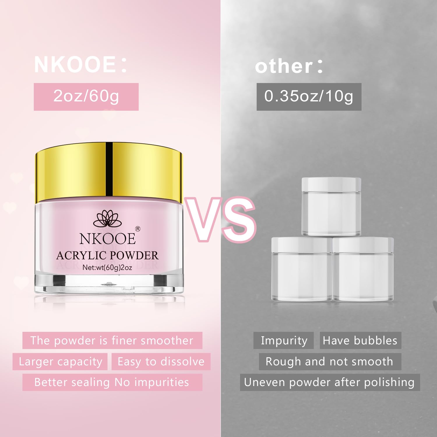 NKOOE Juego de polvo acrílico rosa de 2 onzas, polímero de uñas de alta capacidad de 2.12 oz, sin necesidad de brillar la luz, manicura francesa,