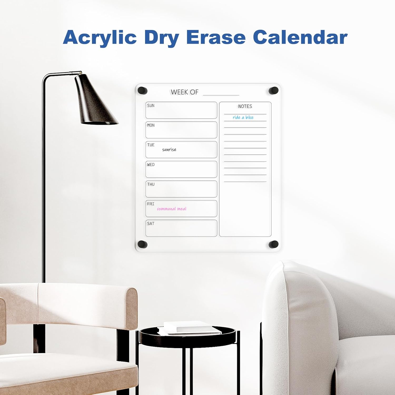 AMUSIGHT Calendario acrílico para pared, calendario acrílico transparente de borrado en seco de 12 x 14 pulgadas, pizarra blanca transparente de